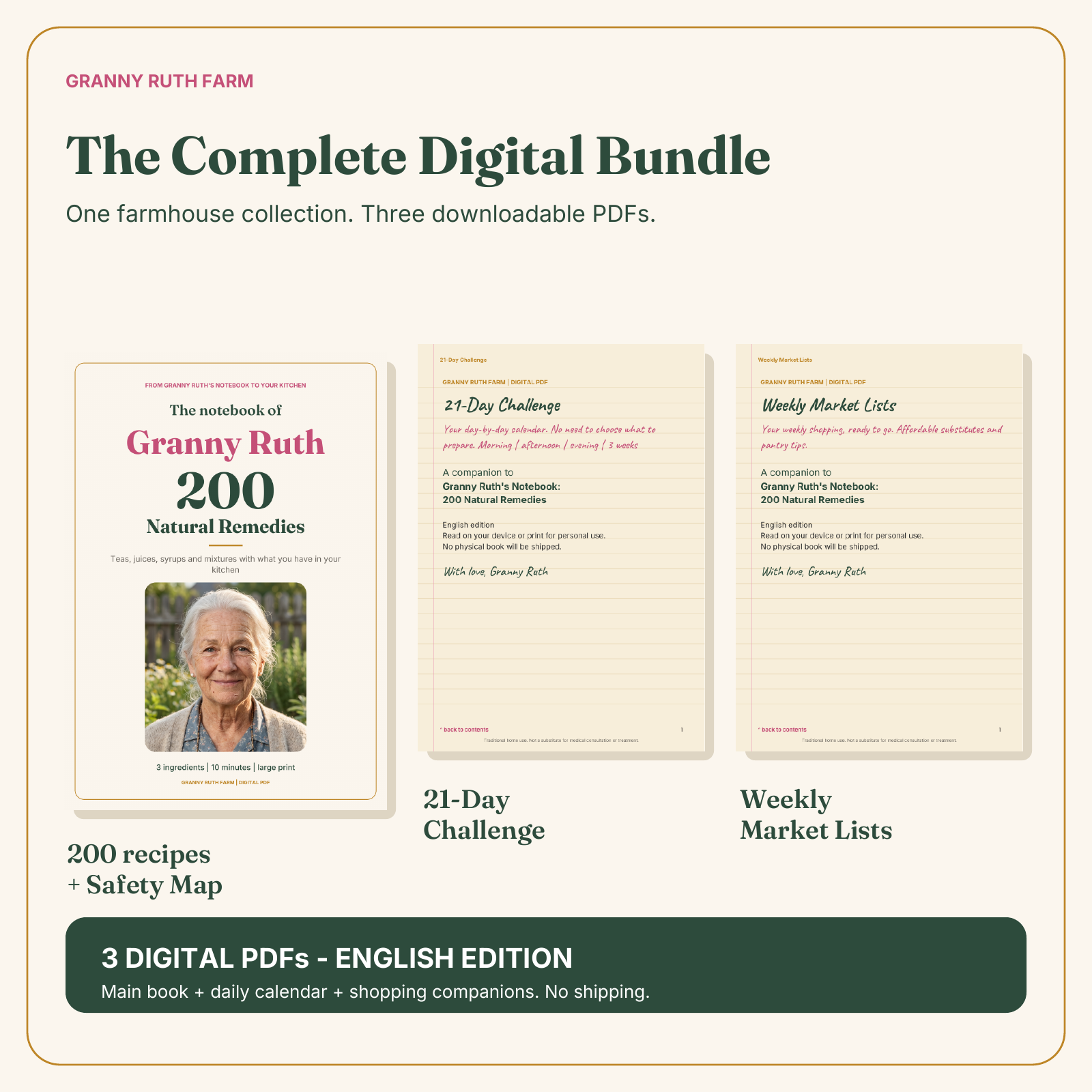 Complete bundle: recipe book, 21-Day Challenge and Weekly Market Lists — three digital PDFs