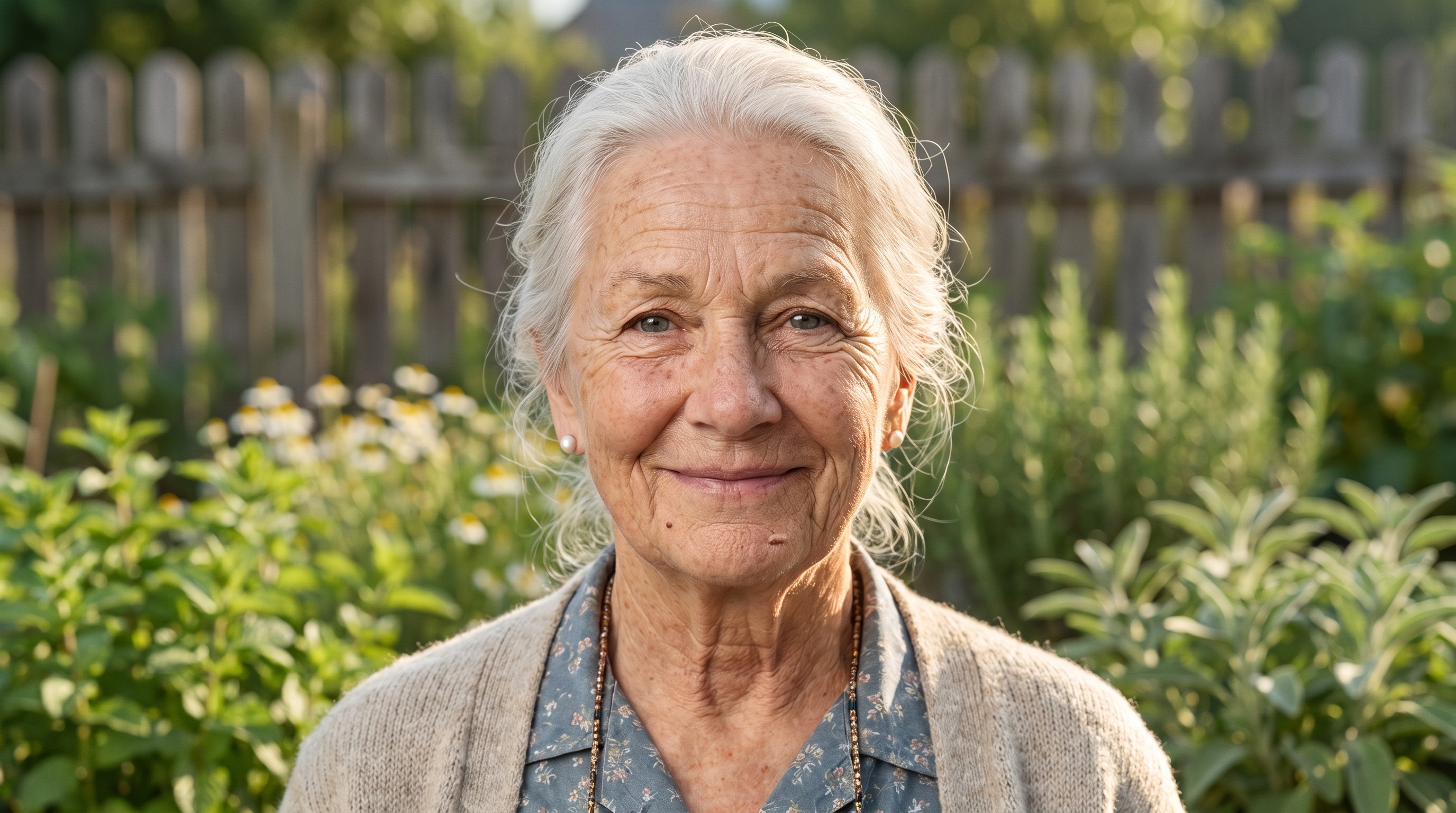Granny Ruth, our AI-created farmhouse character, smiling in a sunny garden