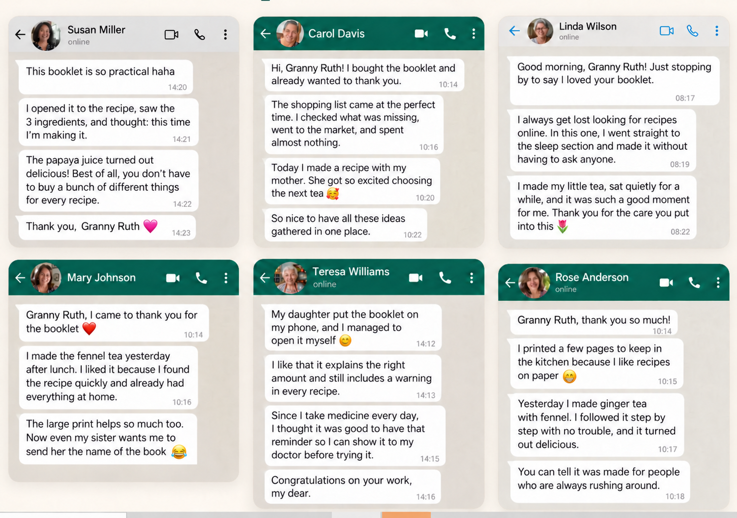 Six WhatsApp reader messages from Susan, Carol, Linda, Mary, Teresa and Rose about the recipe collection.